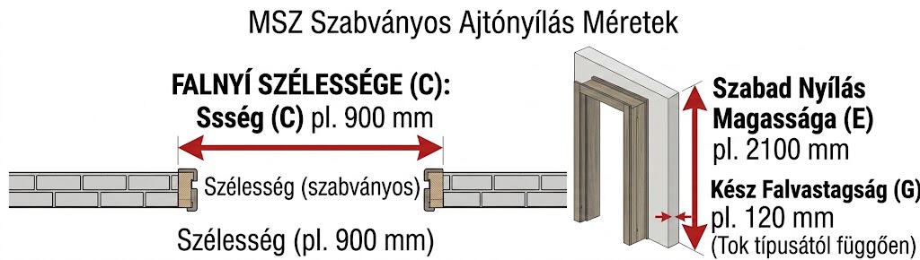 Ajtónyílás méretek és szabványok, falnyílás méretek, ajtónyitás magasság.